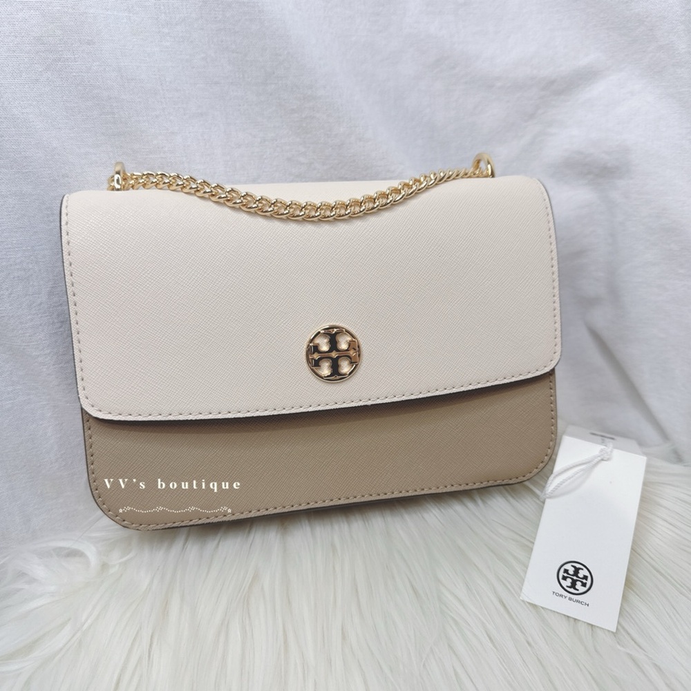 NWT Tory Burch Colorblock Shoulder Bag Crossbody Brie Almond Cold Brew 159976 - Picture 4 of 9